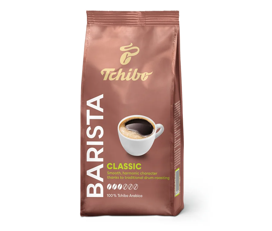 Opakowanie kawy mielonej Barista Classic marki Tchibo z ilustracją filiżanki kawy.