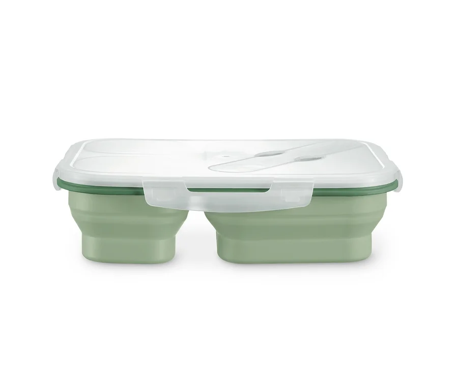 Zielony lunchbox składany z przezroczystą pokrywką.
