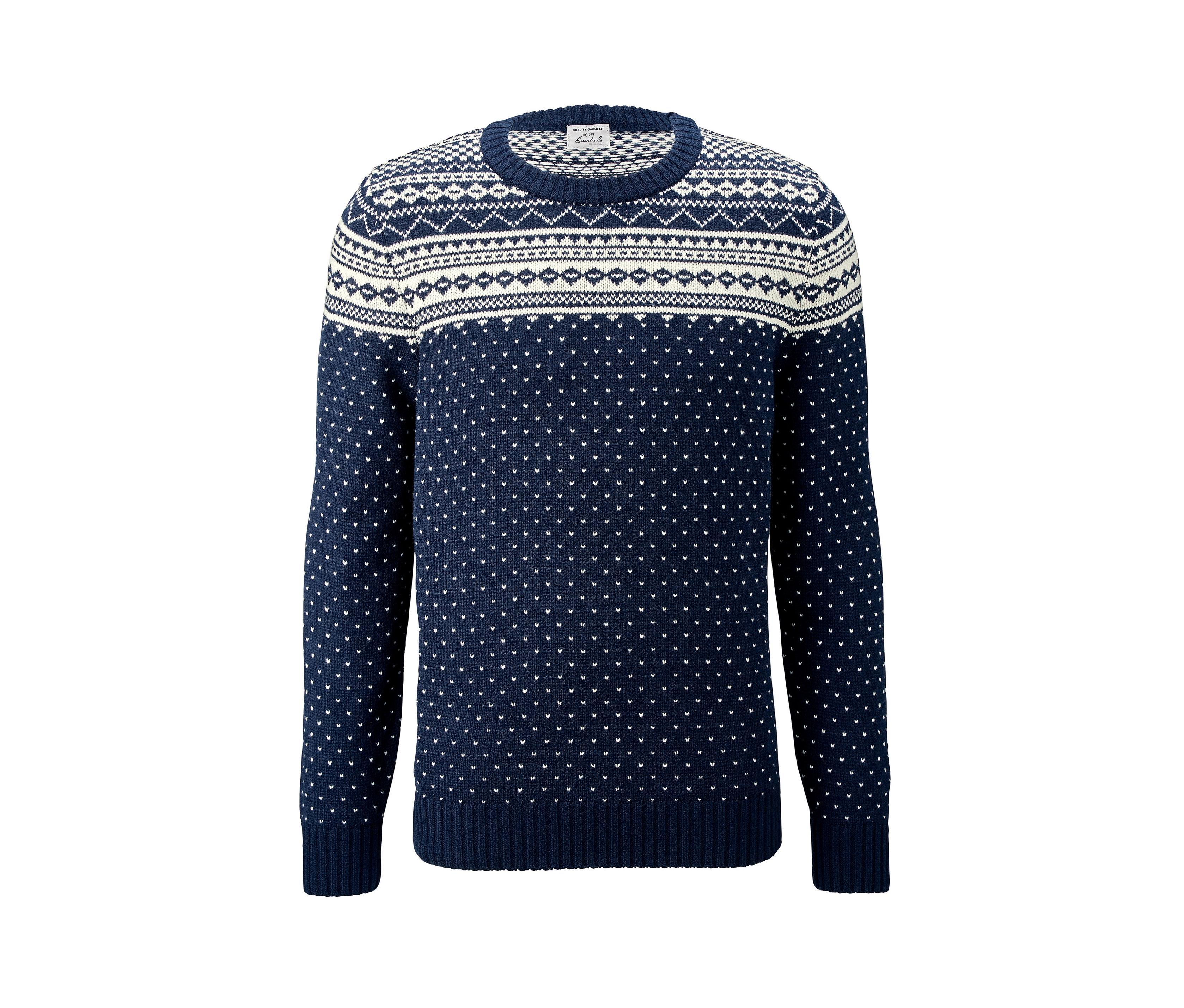 Granatowy sweter we wzory.