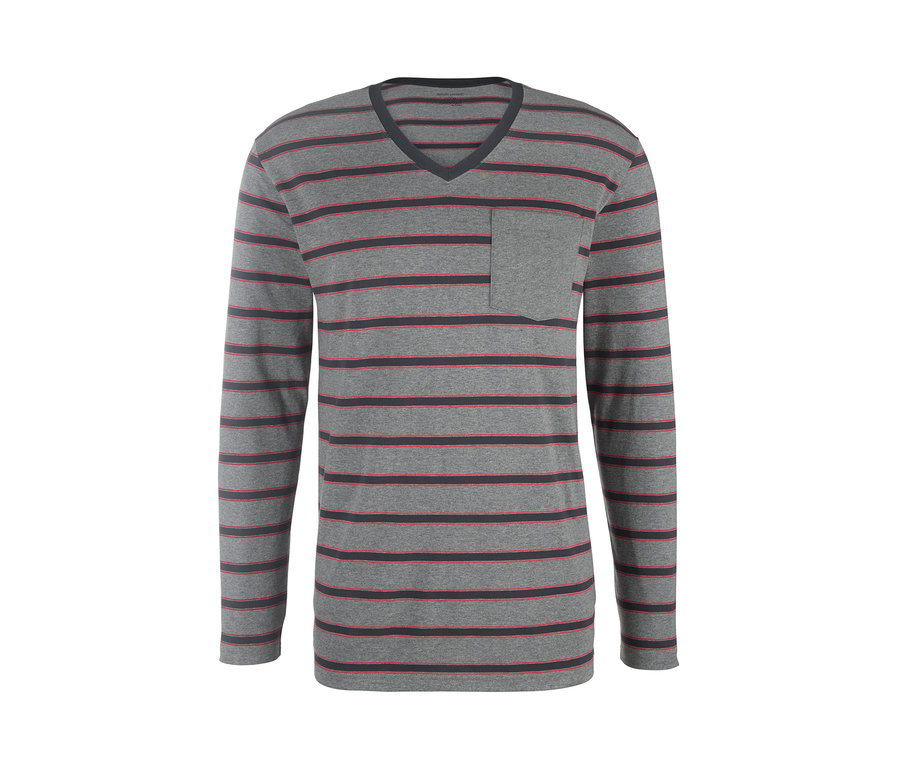 Szara piżama męska z dżerseju w ciemne i czerwone poziome paski z kieszenią na piersi.