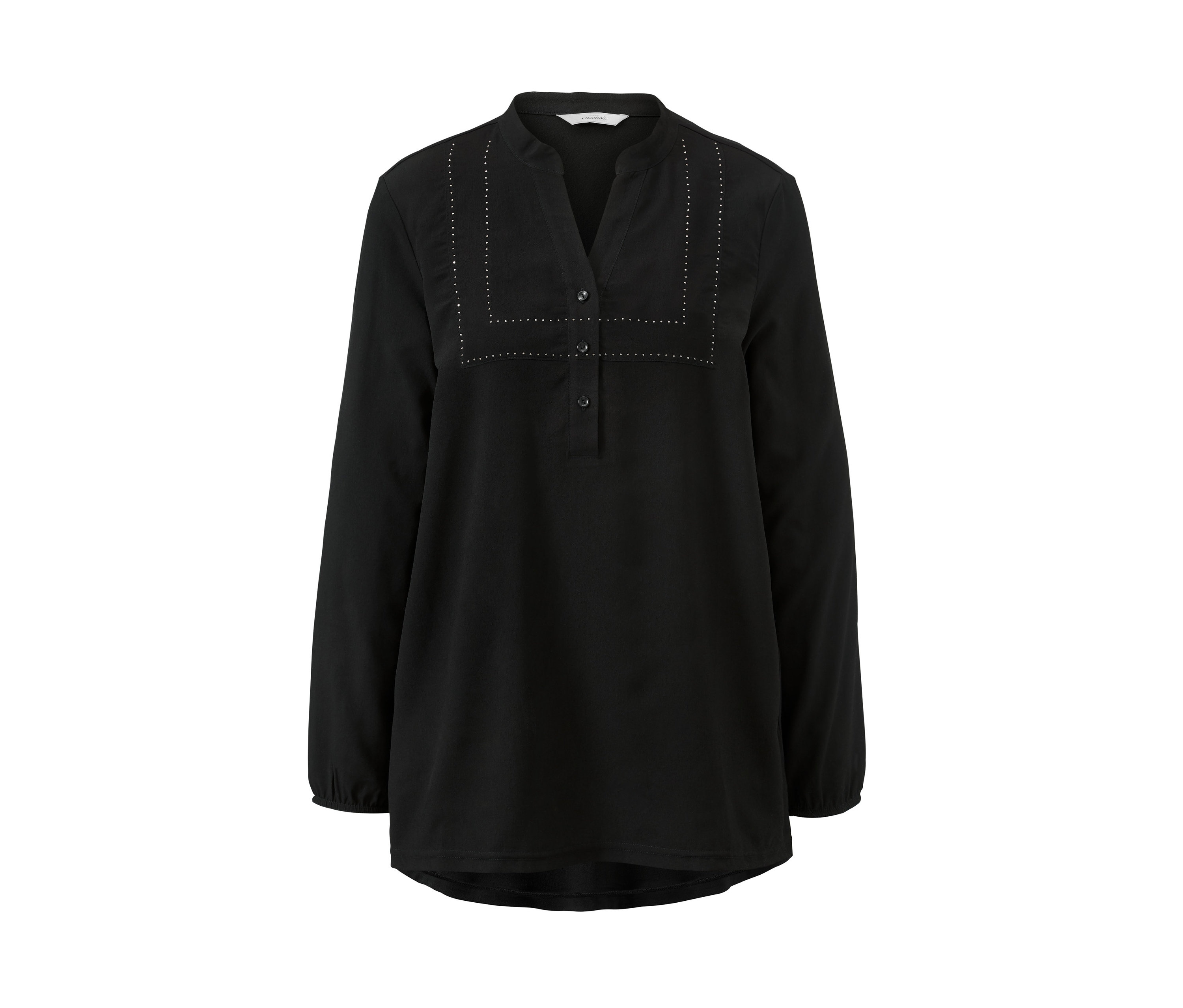 Czarna tunika z dekoltem w kształcie litery V i długimi rękawami.