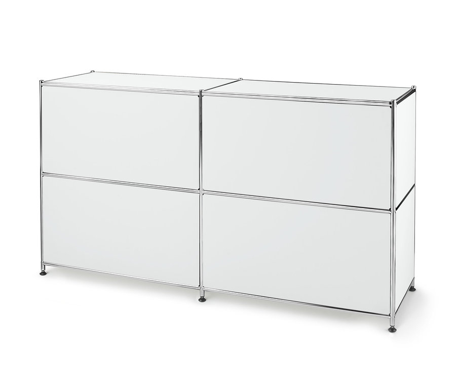 Biała metalowa szafka typu sideboard z 2 przestawnymi klapami.