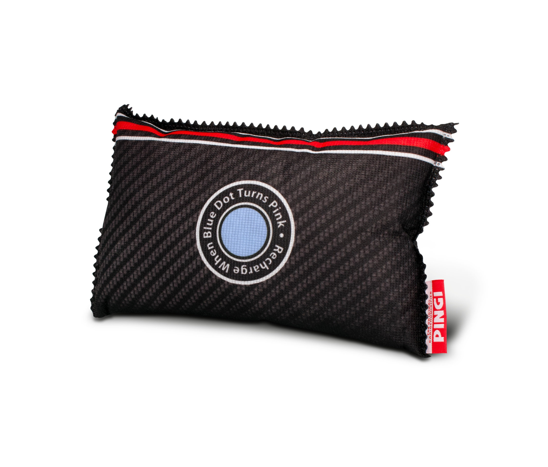 Czarna poduszka pochłaniająca wilgoć Pingi do samochodu z niebieskim wskaźnikiem wilgotności pośrodku.