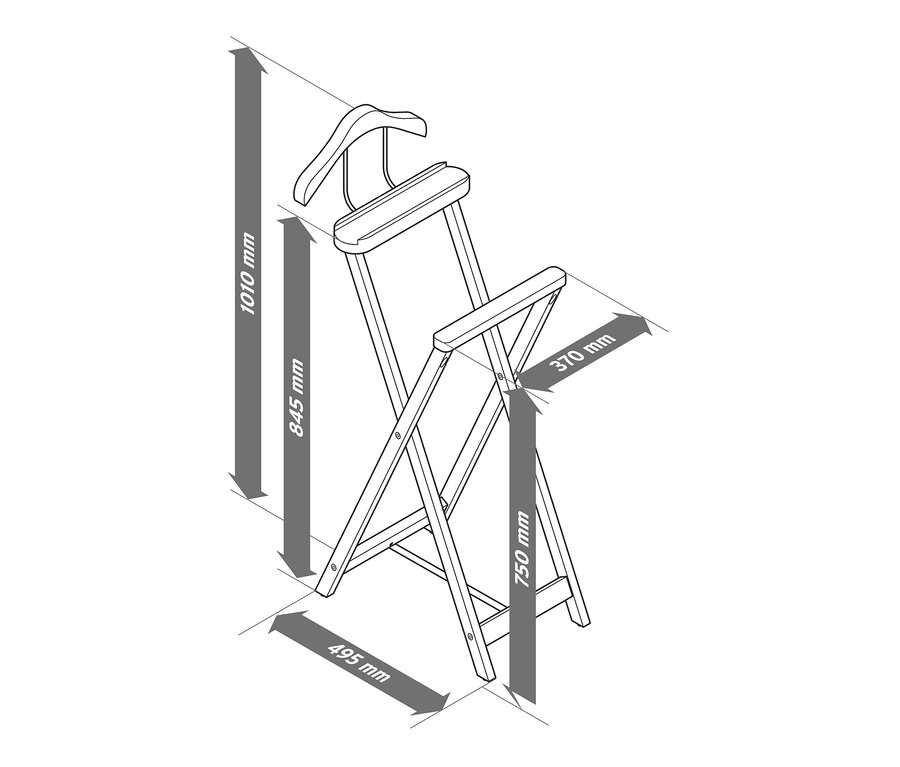Rysunek składanego wieszaka na ubrania typu lokaj w kolorze białym z wymiarami.