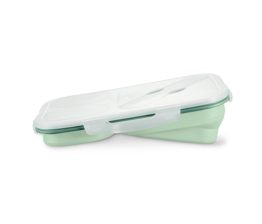 Zielony składany lunchbox z 3 przegródkami i widelcem.