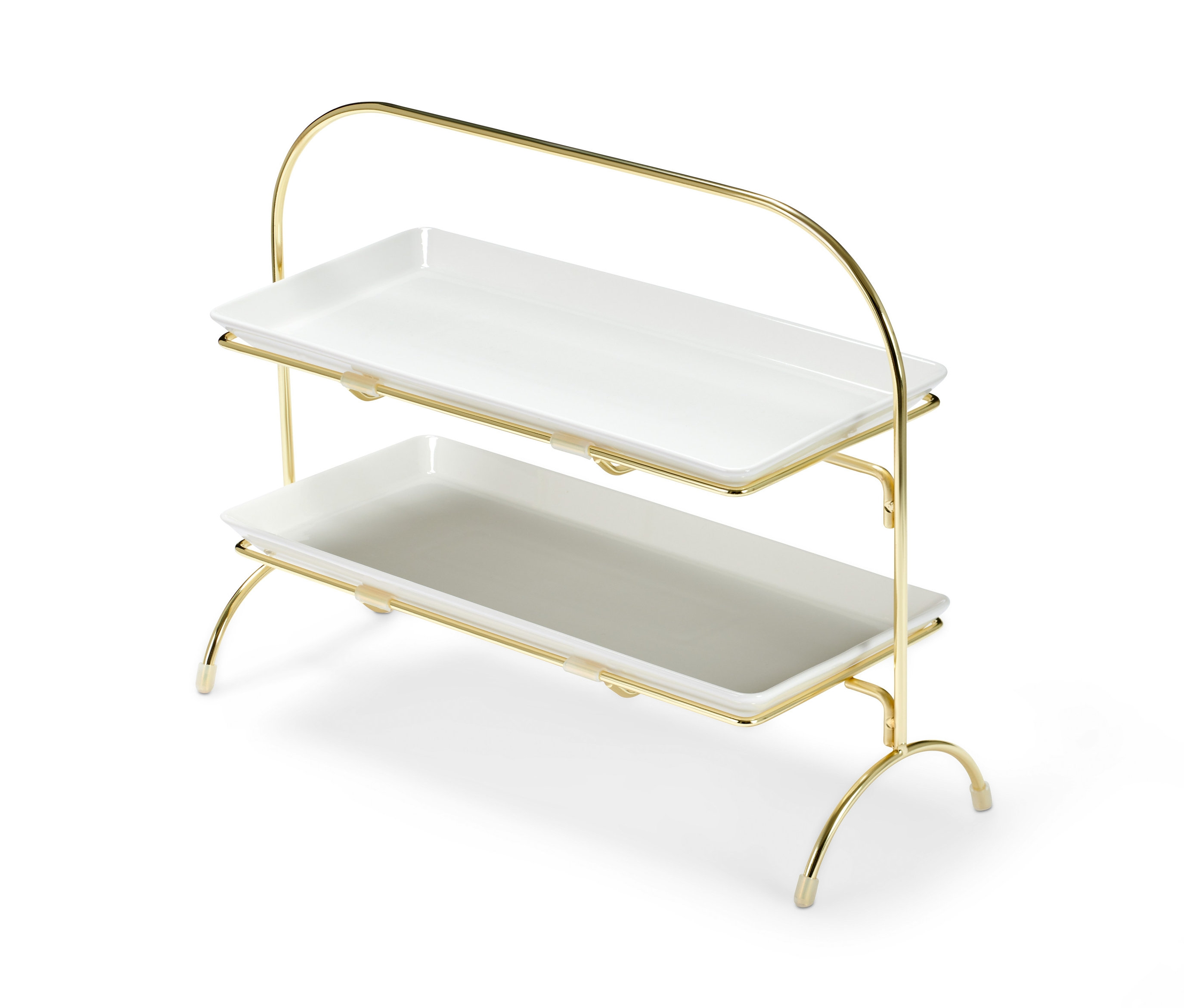 Patera piętrowa ze złotą ramą i dwoma białymi prostokątnymi talerzami.