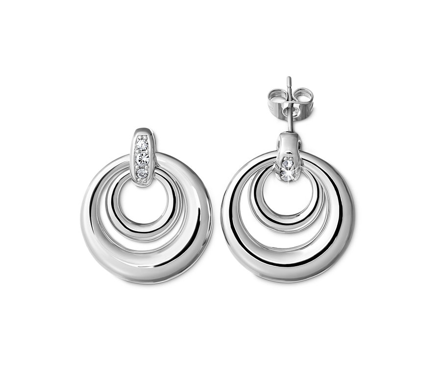 Dwa srebrne kolczyki zdobione kryształami Swarovski® w kształcie koła.