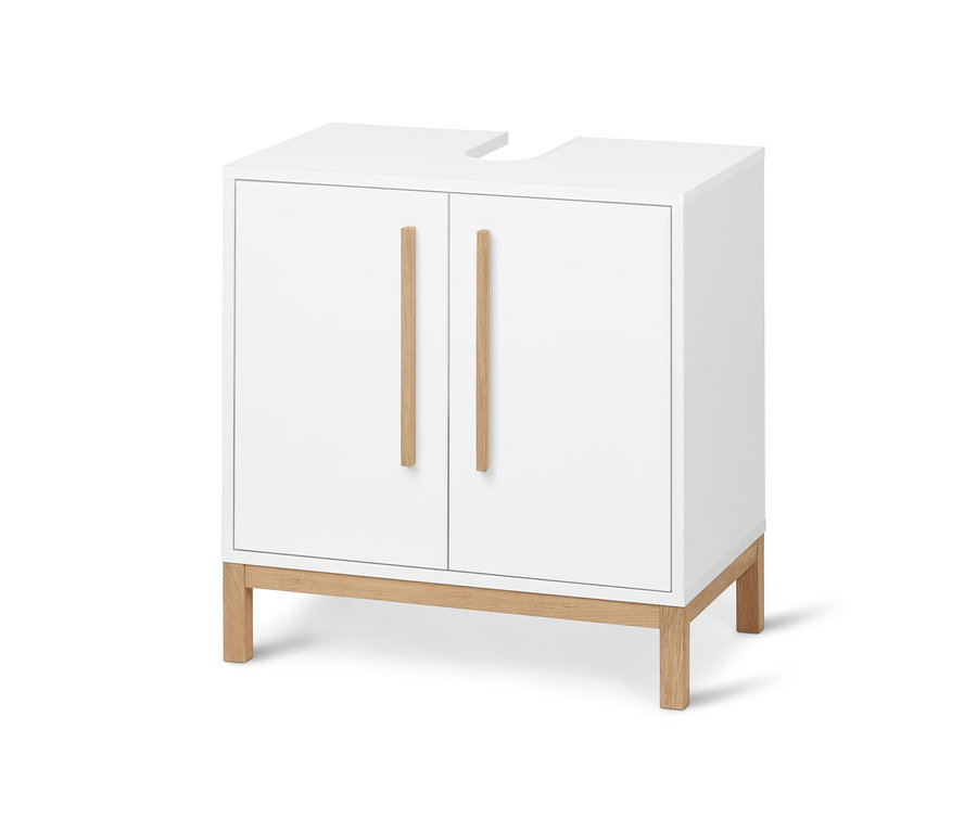 Biała szafka pod umywalkę »Eklund« z dwojgiem drzwi i jasnymi drewnianymi nogami.