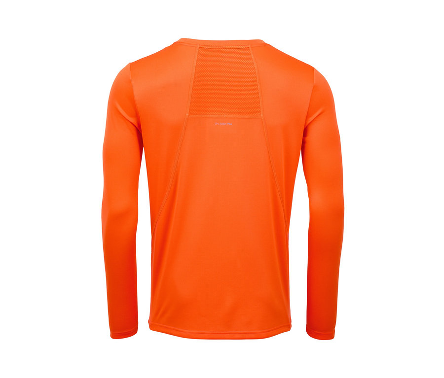 Szczegółowy widok z tyłu pomarańczowej koszulki funkcyjnej z długim rękawem.