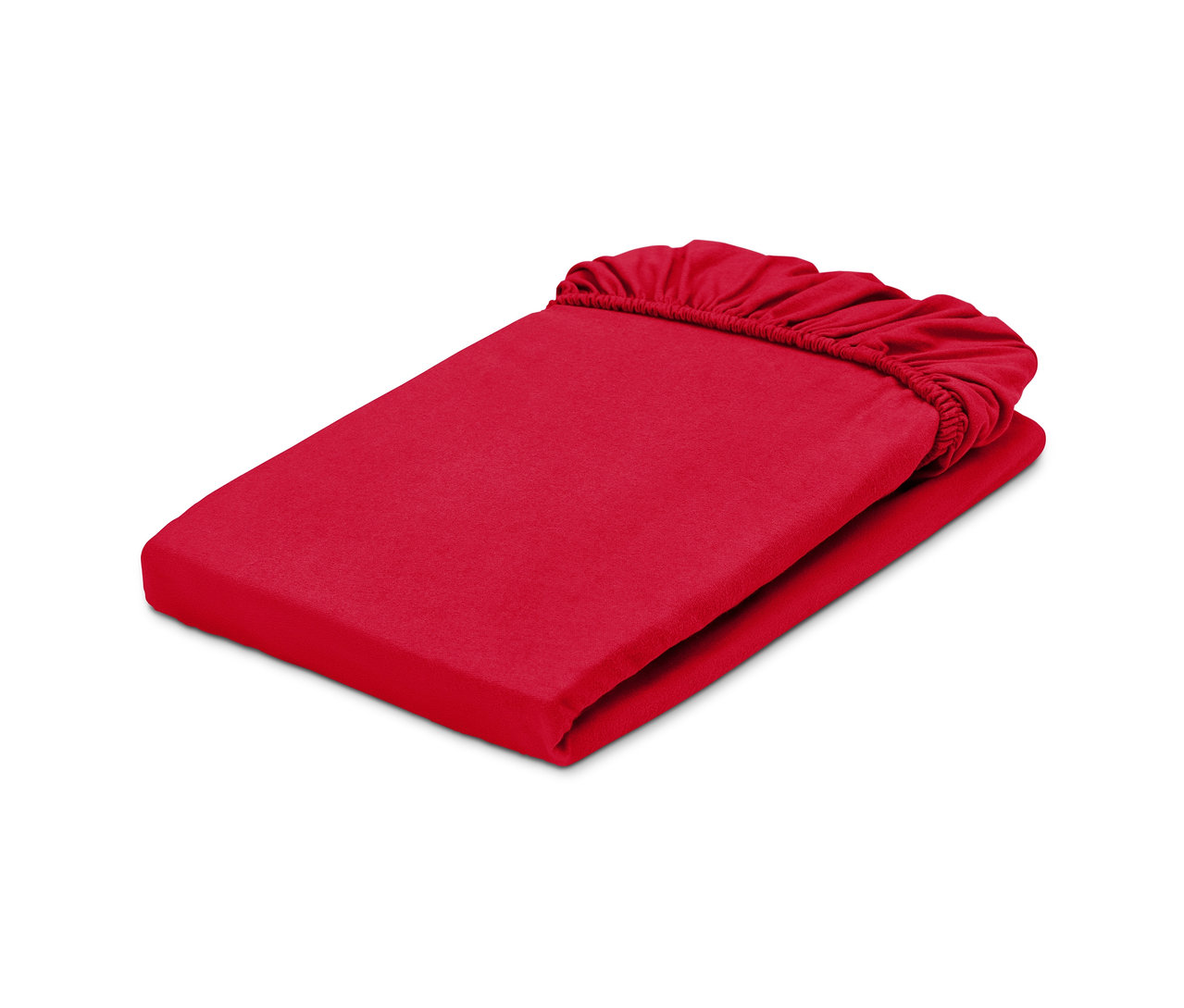 Złożone czerwone prześcieradło dżersejowe z gumką, wielkość standardowa.