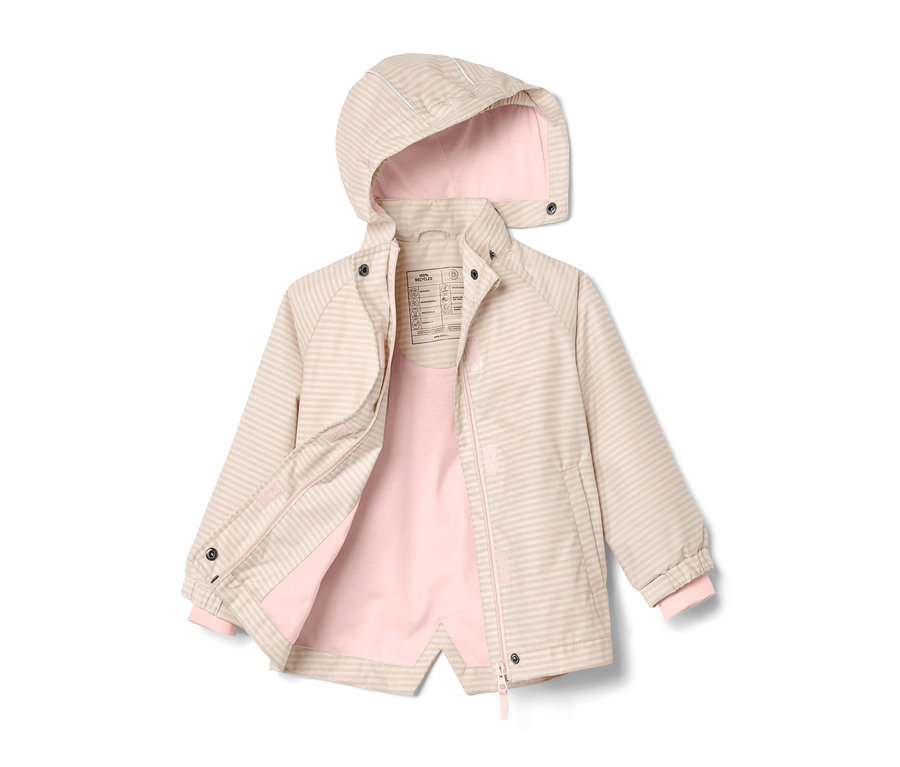 Otwarta dziecięca kurtka przeciwdeszczowa w paski z kapturem.