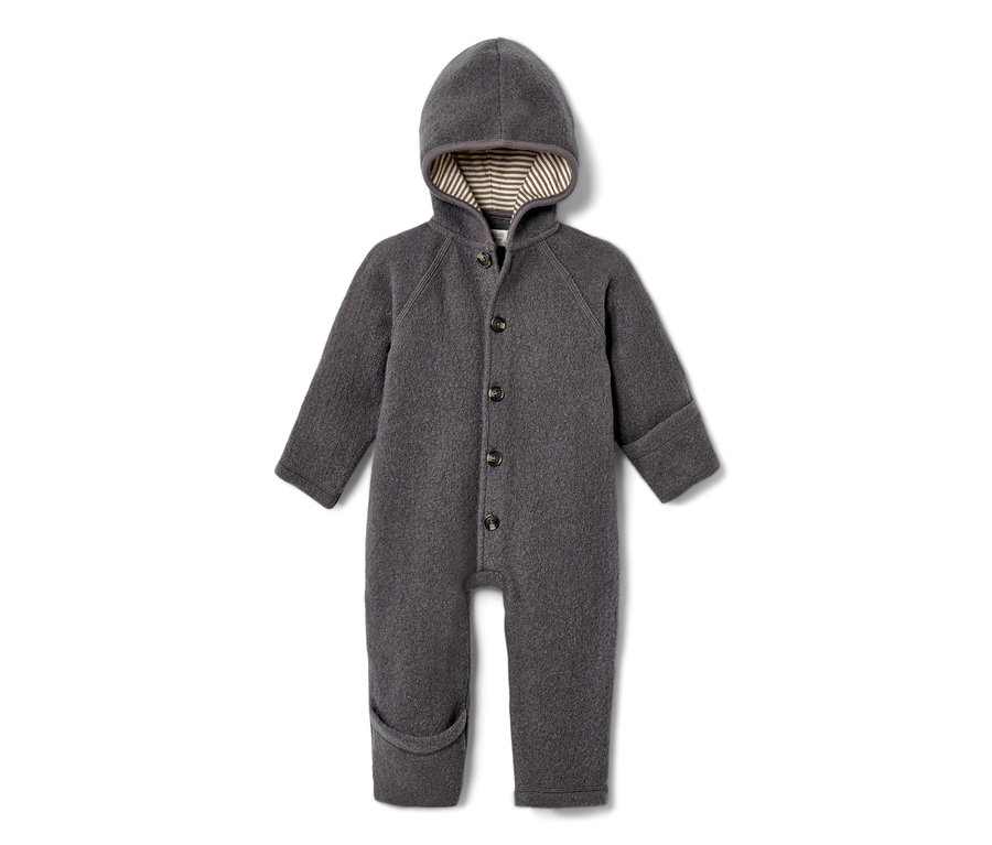 Szary kombinezon z wełną z certyfikatem RWS z kapturem i zapięciem na guziki.