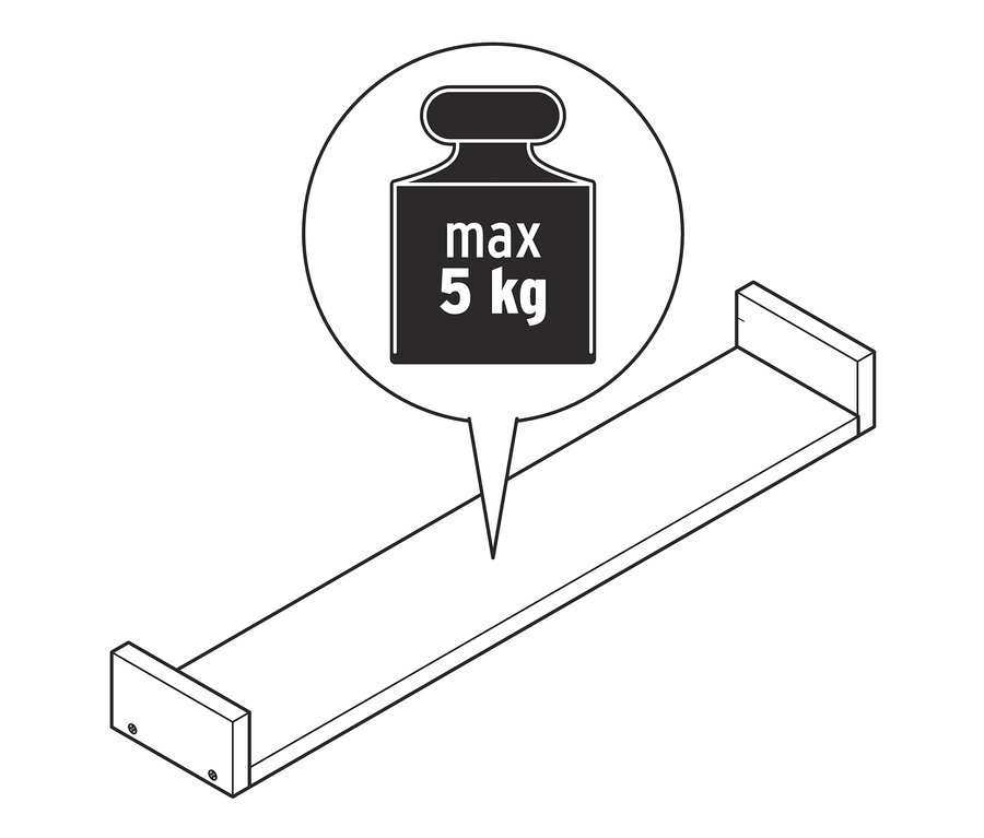 Ilustracja półki ściennej o długości ok. 80 cm z maksymalnym obciążeniem 5 kg.