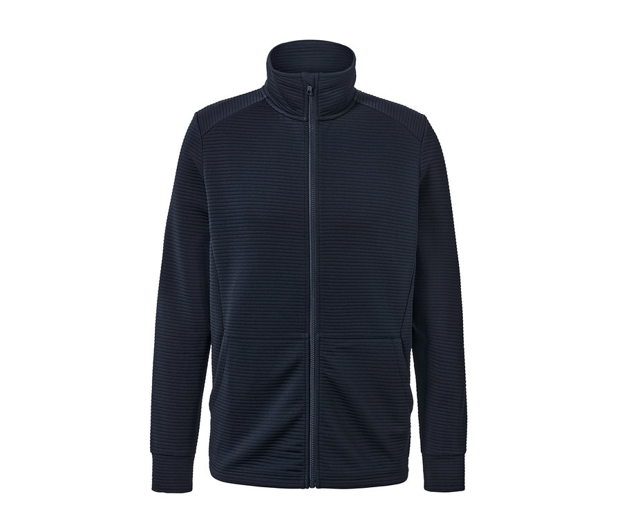 Granatowa kurtka funkcyjna zapinana na zamek błyskawiczny pośrodku.