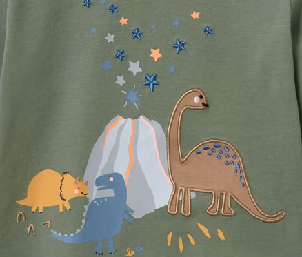 Zielona koszulka dziecięca z długim rękawem z dinozaurami.