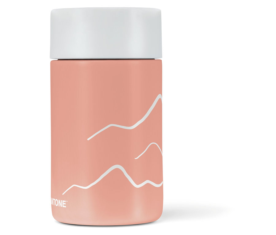 Kubek termiczny Kambukka X Pantone, Muted Clay z białą pokrywką i górskim motywem.