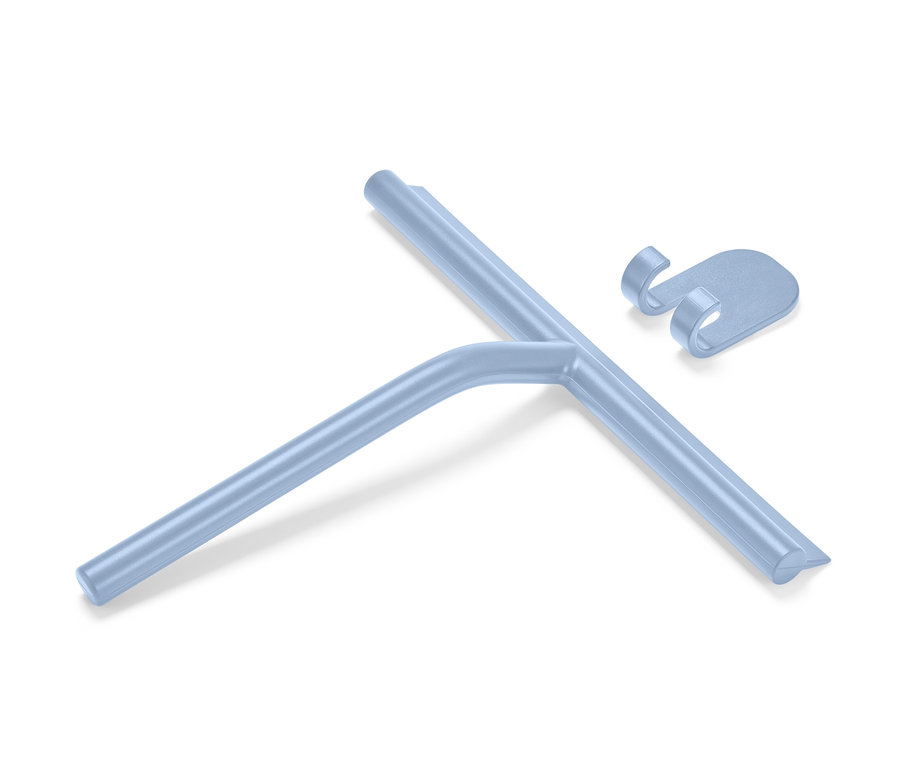 Niebieska ściągaczka do wody z uchwytem ściennym leży na białym tle.