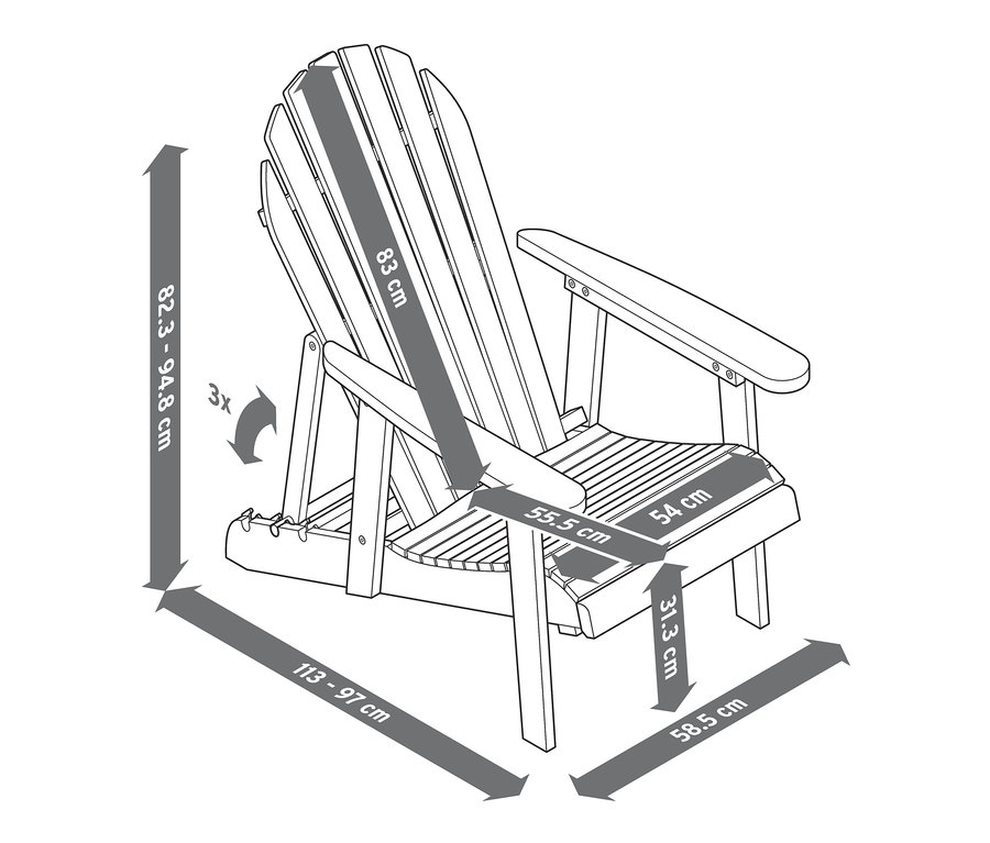 Czarne i naturalne Krzesło ogrodowe Adirondack z wysuwanym podnóżkiem z wymiarami.