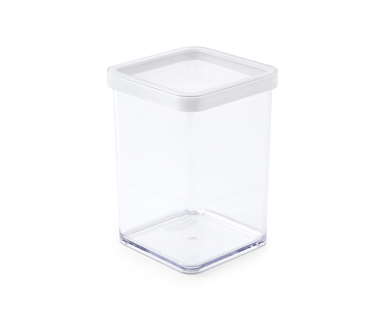Pusty pojemnik do przechowywania, 5 sztuk, z białą pokrywką, stoi na białym tle.
