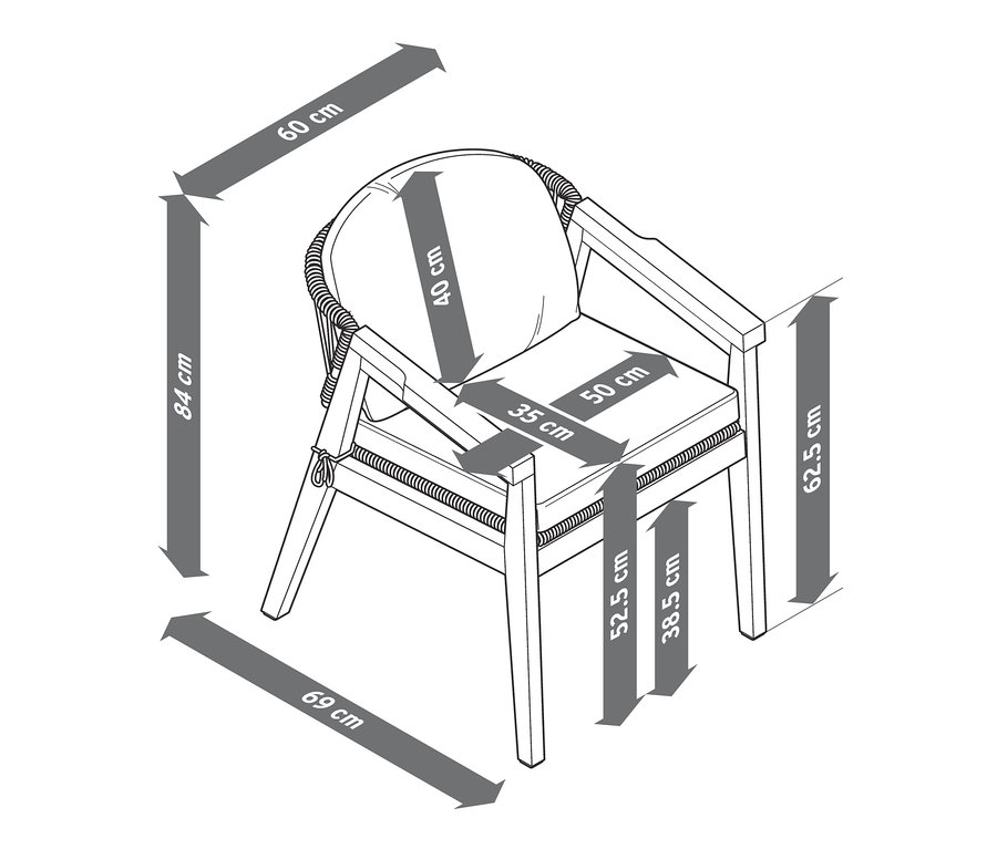 Rysunek fotela z okrągłym oparciem i plecionką tekstylną oraz stylowego krzesła do jadalni z wymiarami.