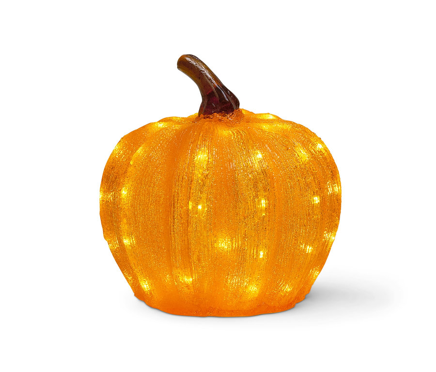 Pomarańczowa dynia LED do wnętrz i na zewnątrz, ok. 25 cm, na białym tle.