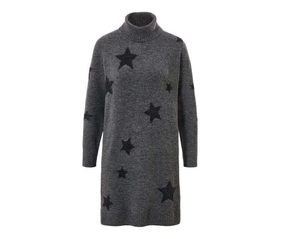 Szara sukienka z dzianiny z golfem i wzorem w gwiazdy.
