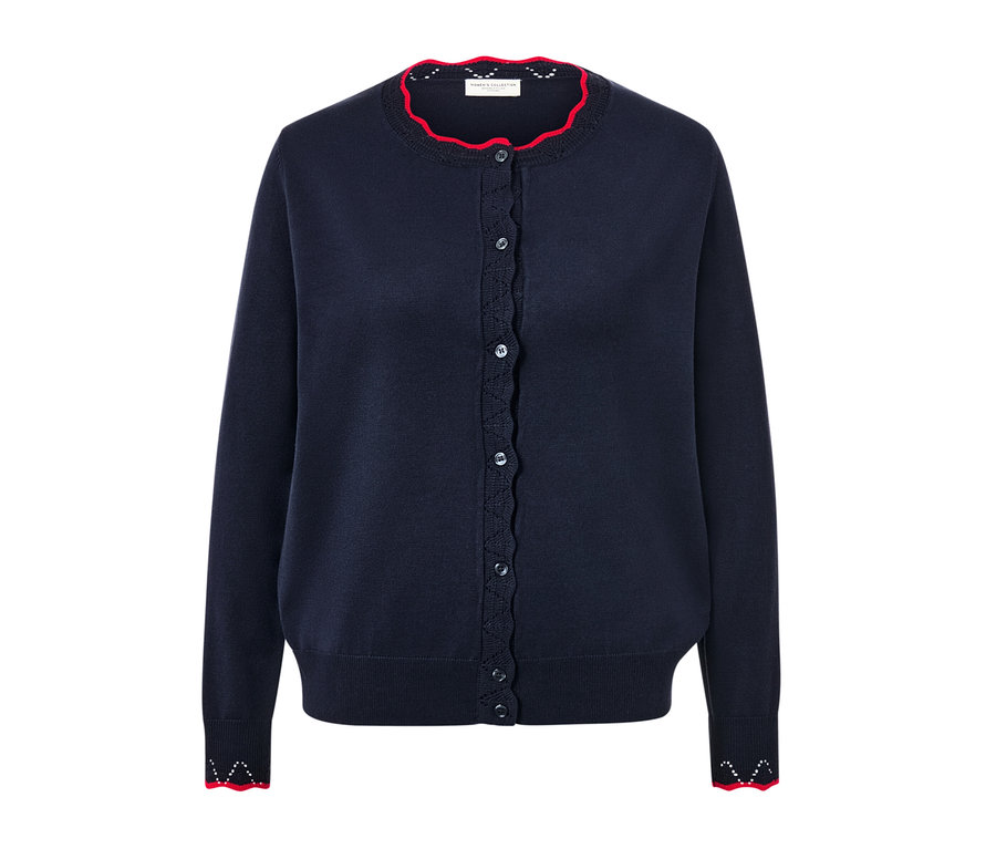 Granatowy kardigan z pofalowanym czerwonym brzegiem.