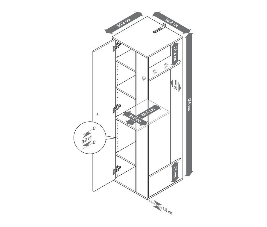 Otwarta szafa uniwersalna z bocznym schowkiem i wymiarami.