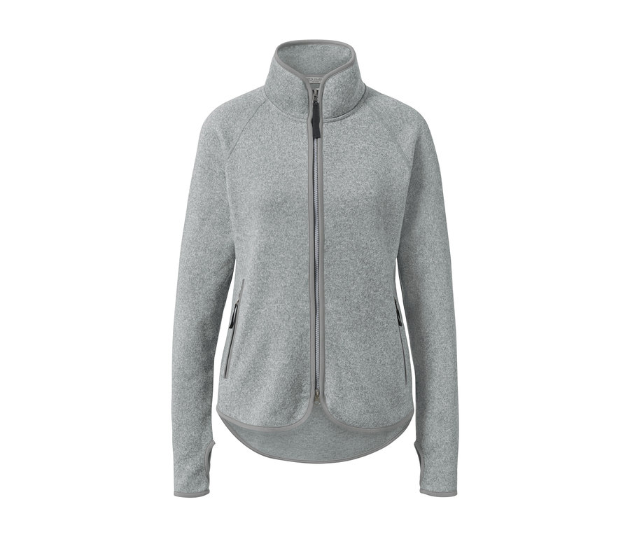 Jasnoszara rozpinana bluza z dzianiny polarowej z zamkiem błyskawicznym pośrodku.