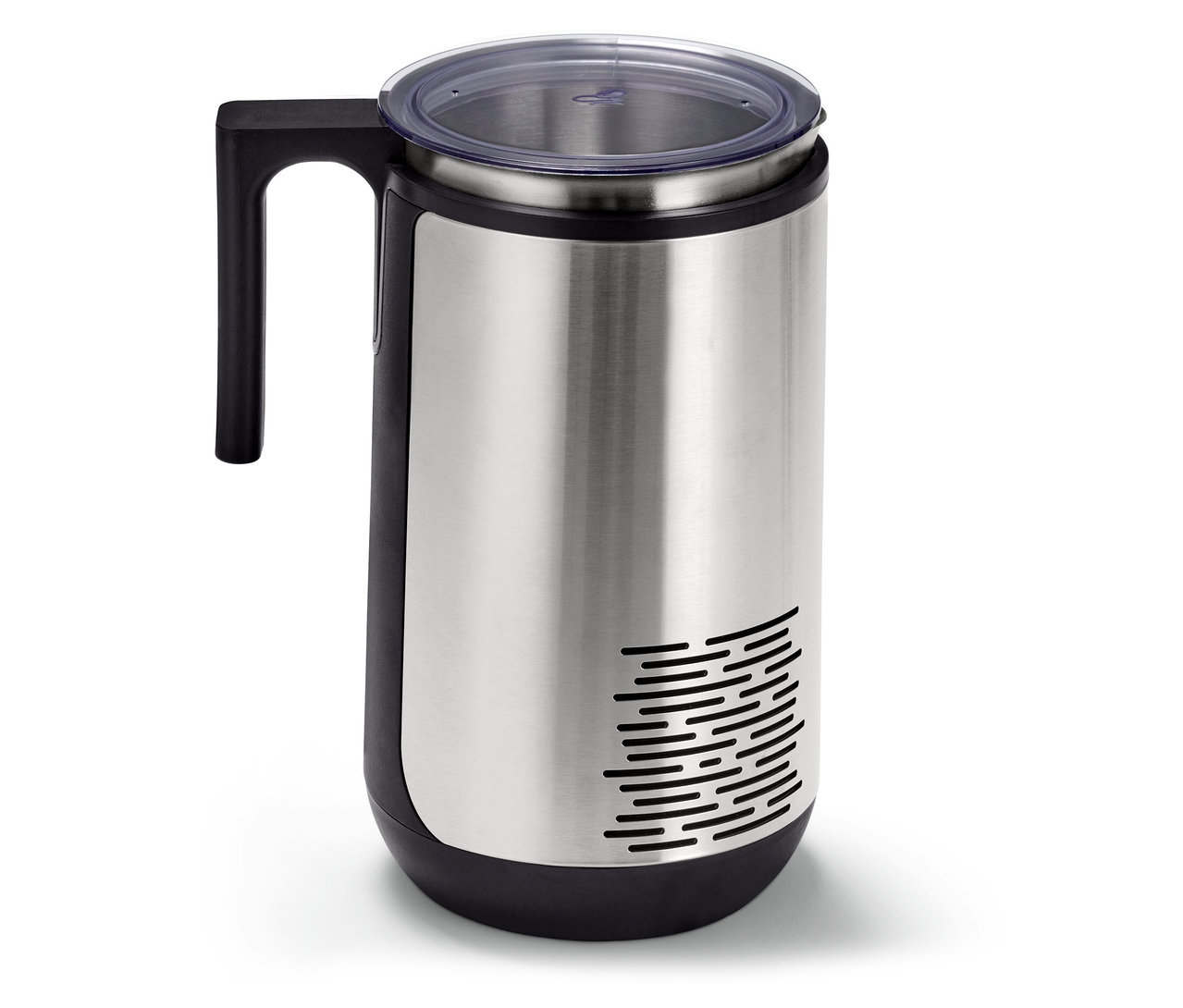 Srebrny termos z czarnym uchwytem i przezroczystą pokrywką.