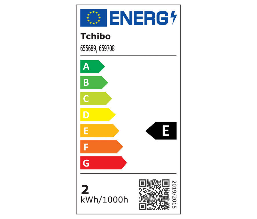 Etykieta energetyczna Tchibo z klasami efektywności energetycznej od A do G, gdzie produkt należy do klasy E.