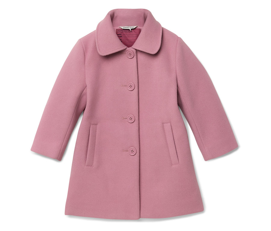 Różowy płaszcz z kołnierzykiem, zapinany na guziki i z kieszeniami.
