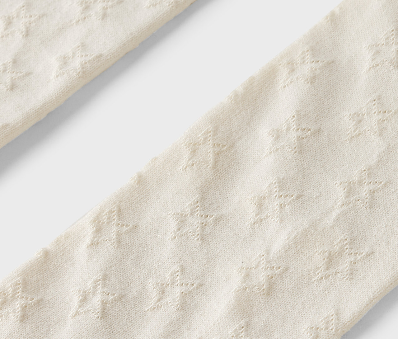 Zbliżenie na beżowe rajstopy we wzór w gwiazdki.