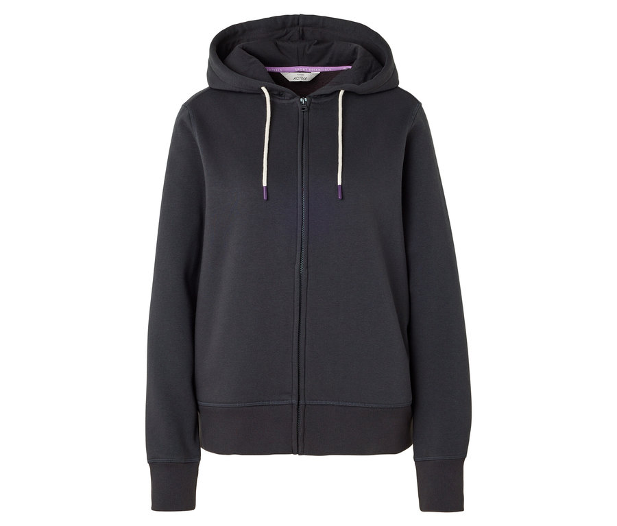 Granatowa bluza z kapturem zapinana na zamek błyskawiczny ze sznurkami.