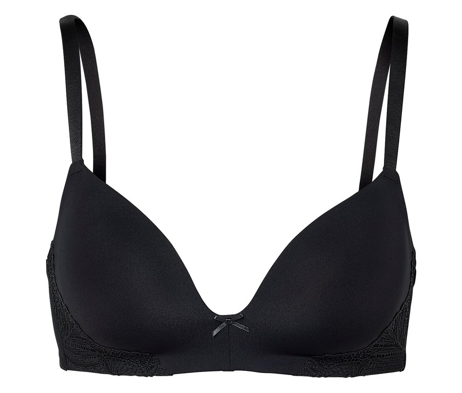 Czarny biustonosz z koronką i kokardką pośrodku.