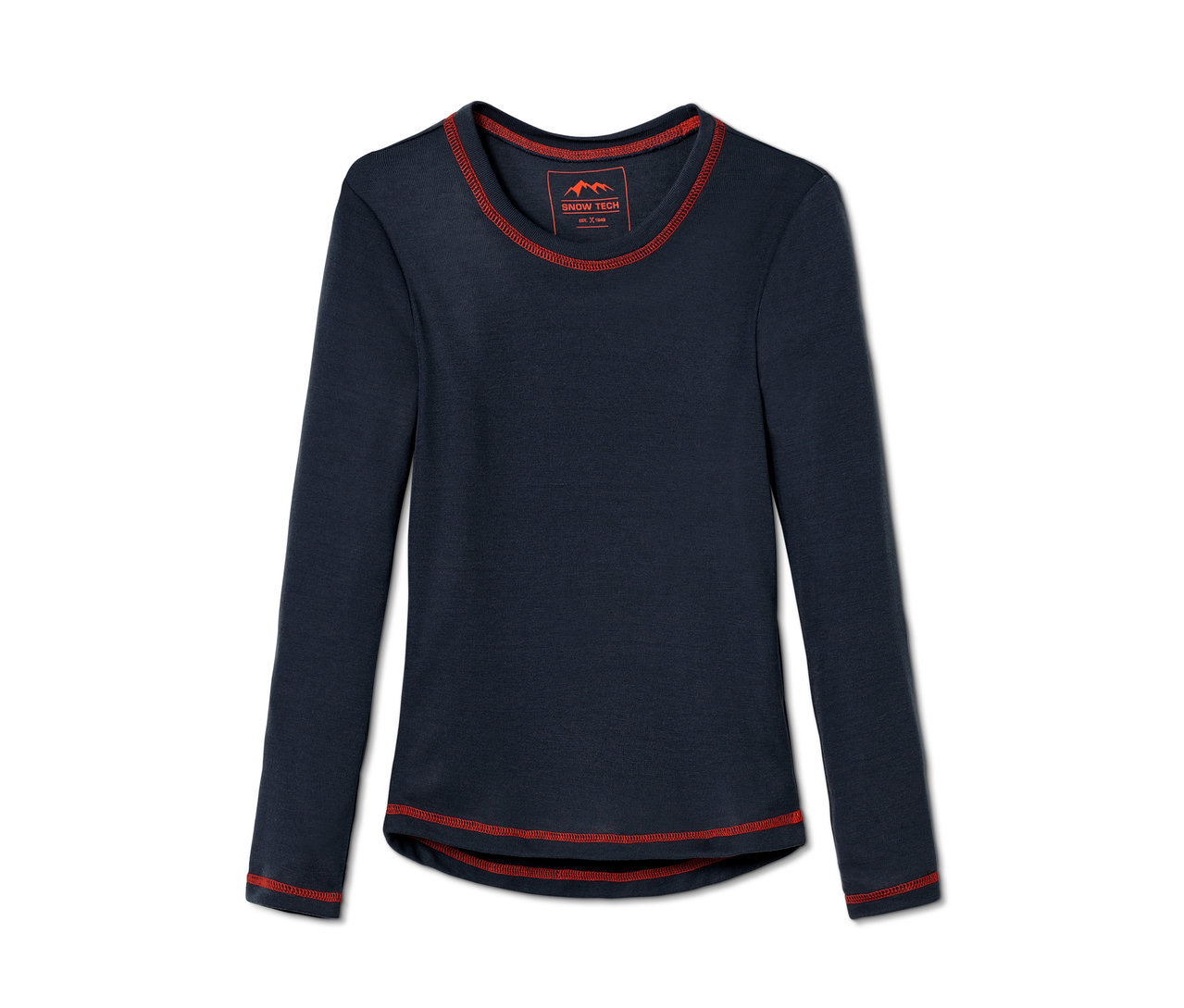 Granatowa dziecięca bielizna funkcyjna z długim rękawem i czerwonym wykończeniem.