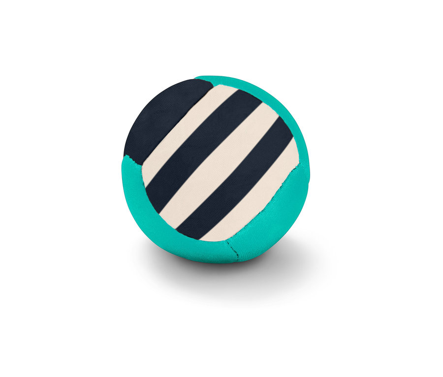 Skacząca piłka do zabawy w wodzie z niebiesko-białymi paskami i turkusowymi bokami.