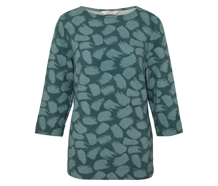Damska bluzka z rękawami trzy czwarte i zielonym wzorem.