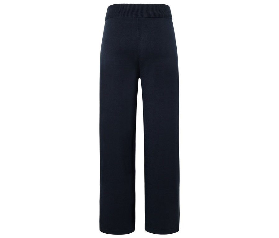 Granatowe, szerokie spodnie dzianinowe z elastycznym pasem.