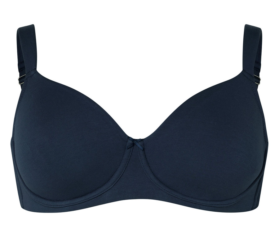 Granatowy biustonosz z fiszbinami.