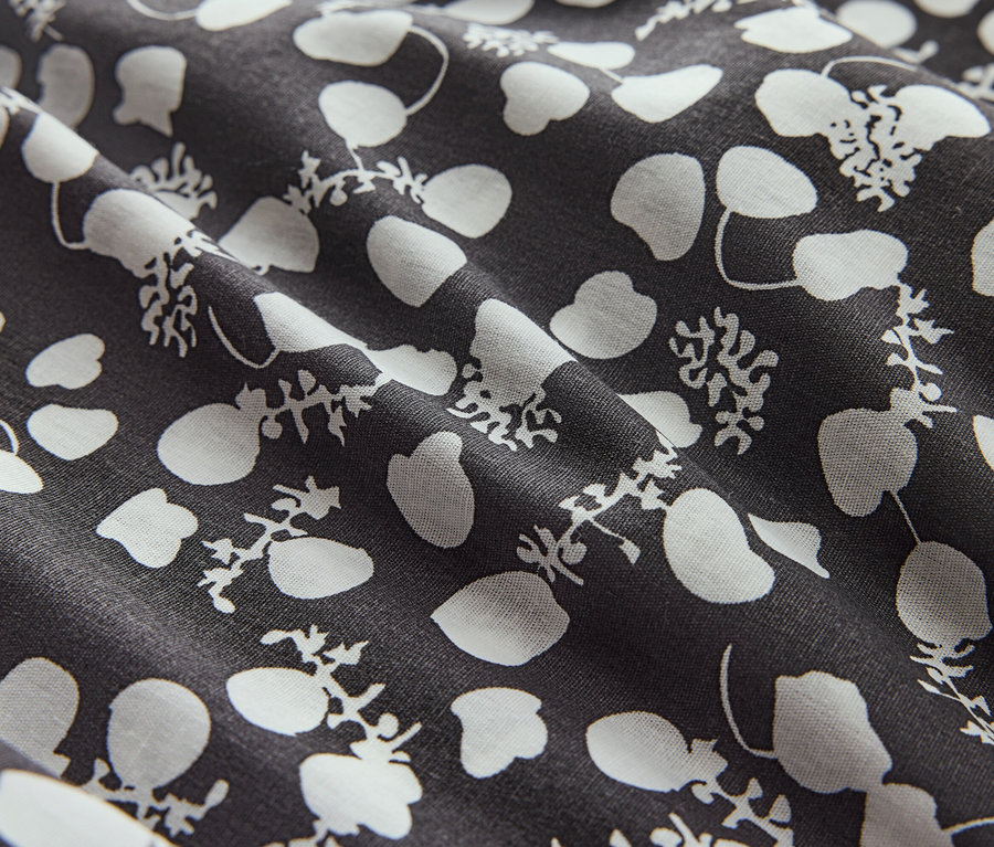 Zbliżenie tkaniny z białymi kwiatami i kropkami na ciemnym tle.