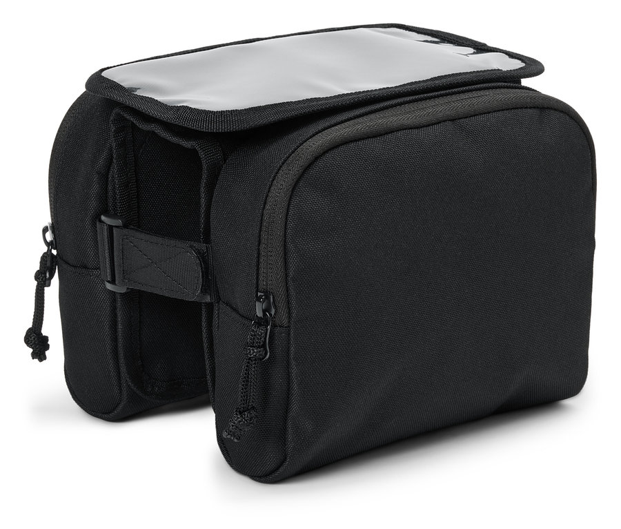 Czarna torba rowerowa na kierownicę z przezroczystą pokrywą.