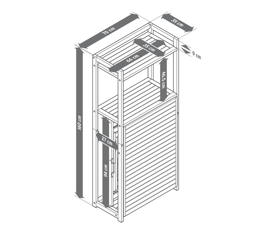 Szkic zestawu na balkon „Lenja” z regałem i podanymi wymiarami.