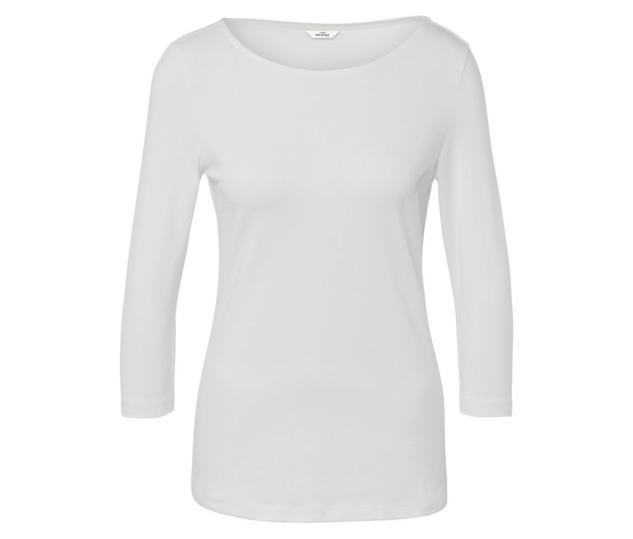Biała koszulka z długim rękawem.