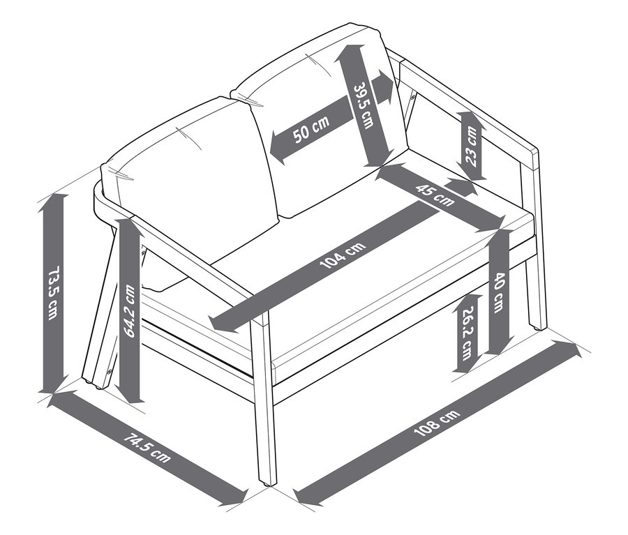 Rzut z góry przedstawiający rysunek liniowy 4-częściowego zestawu wypoczynkowego do ogrodu z plecionką tekstylną wraz z wymiarami.