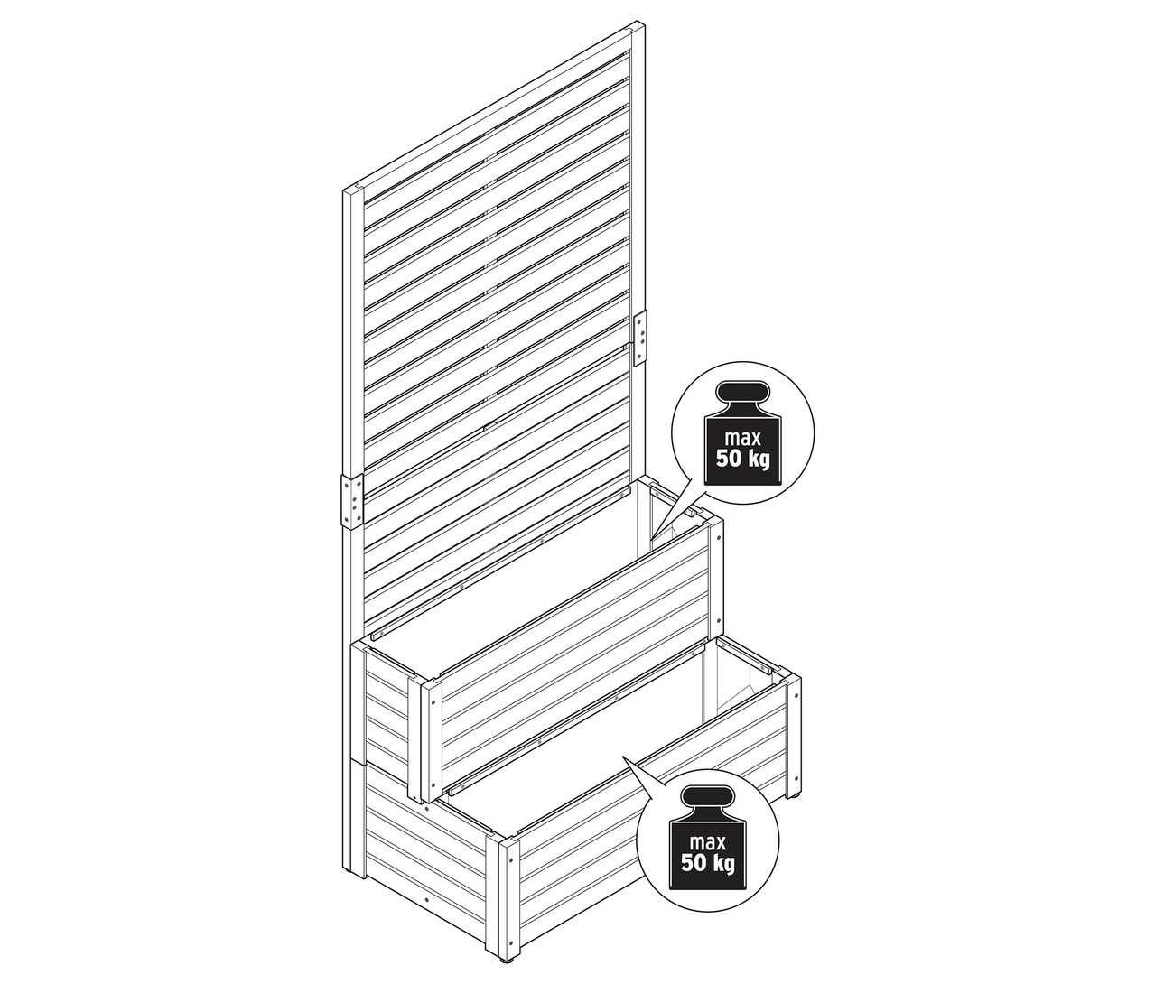 2 w 1: schodkowy stojak na rośliny z funkcją parawanu z dwoma skrzyniami na rośliny i parawanem z poziomych listew.