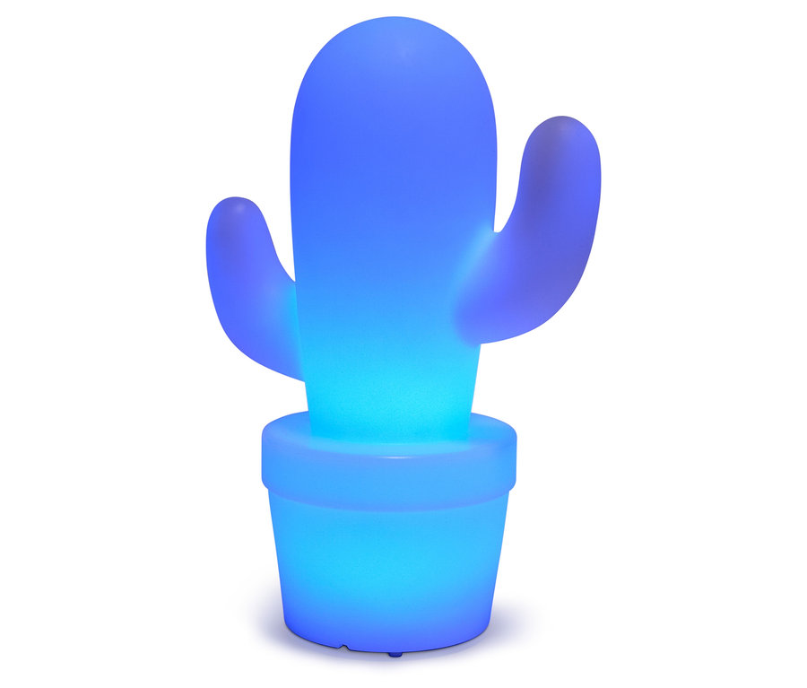 Świecący niebieski kaktus w niebieskiej doniczce.