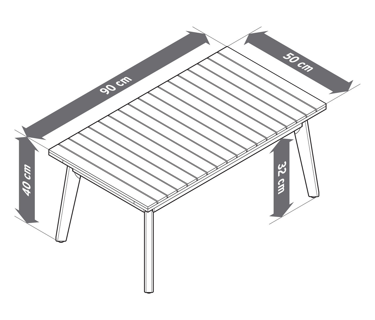 Ilustracja 4-częściowego zestawu wypoczynkowego do ogrodu z plecionką tekstylną z podanymi wymiarami.