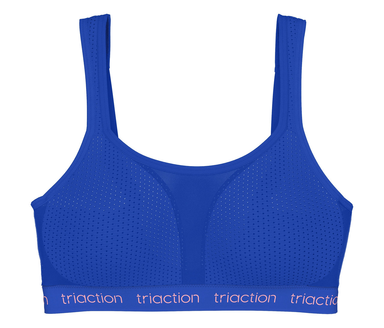 Niebieski biustonosz sportowy Triaction z perforowanego materiału i pasem z logo.