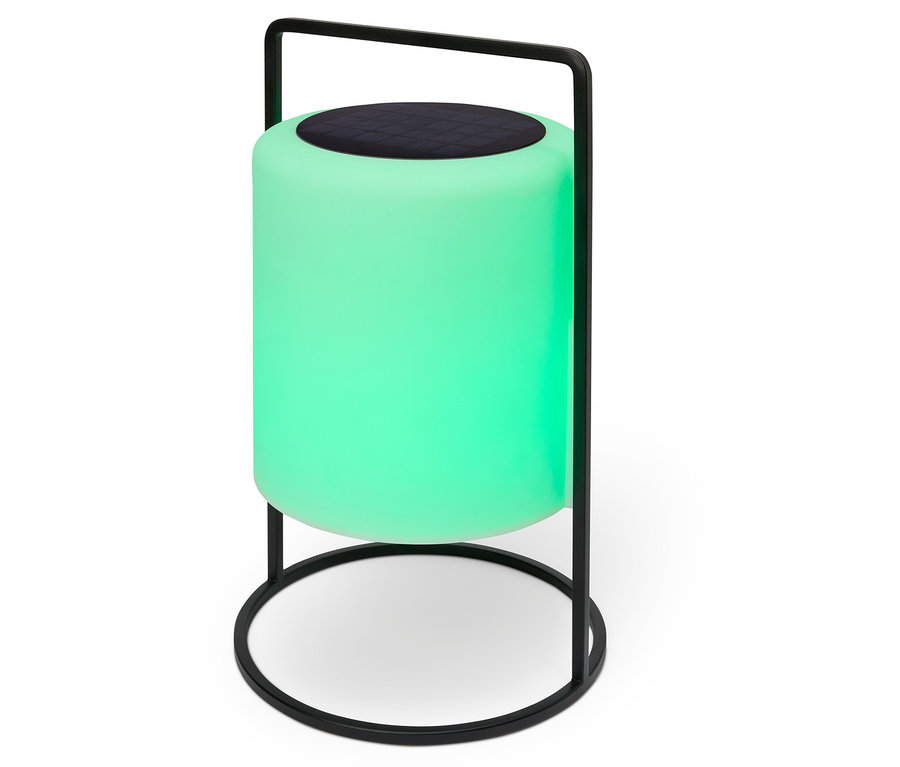 Zielona lampa z czarnym głośnikiem na górze i czarną metalową ramą.